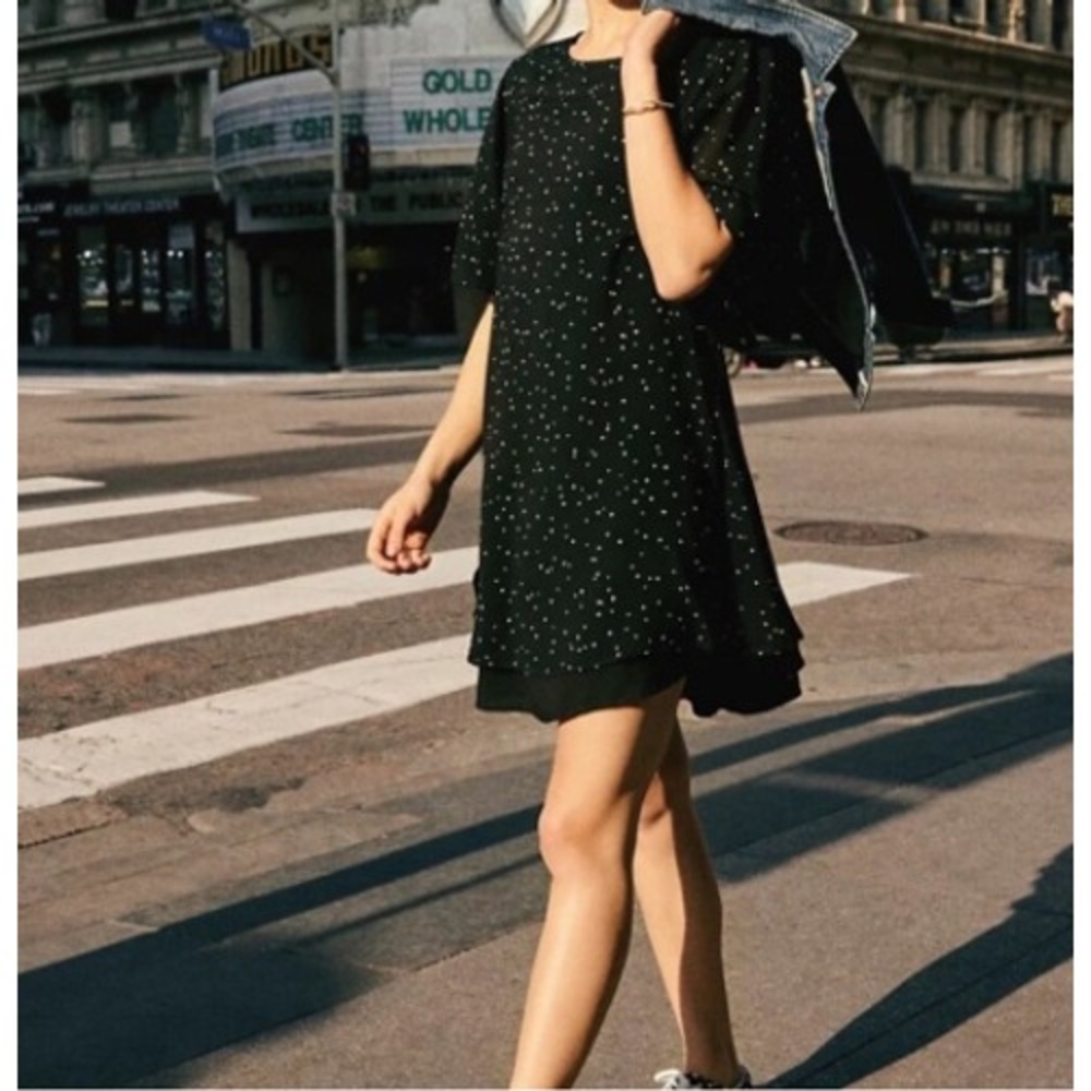 Cloth & Stone Anthropologie Sweetheart Shift Dress Black White Flutter Sleeve M